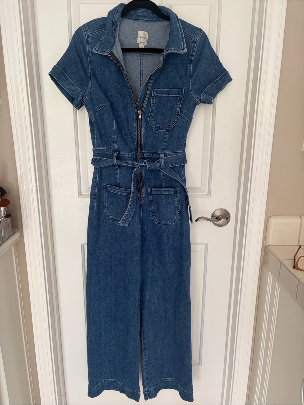 Mauve Denim Short Sleeve Belted Jumpsuit in Blue